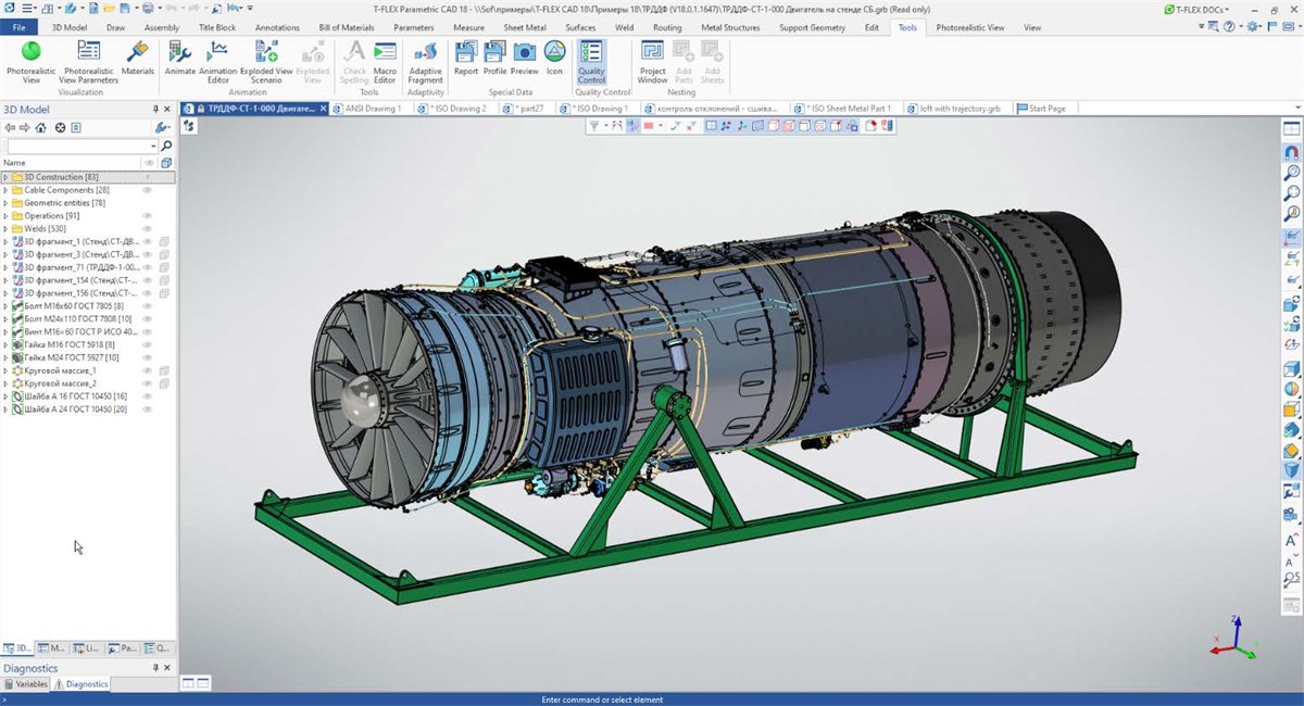 Konstrukční model leteckého motoru v T-FLEX CAD 18